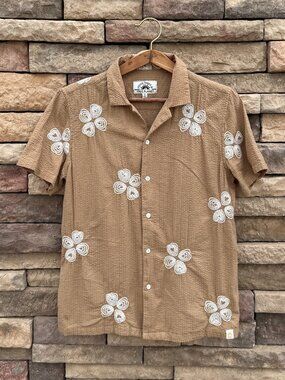 Free Planet Men’s Short Sleeve Button-Up – Light Brown/Tan with White Embroidery